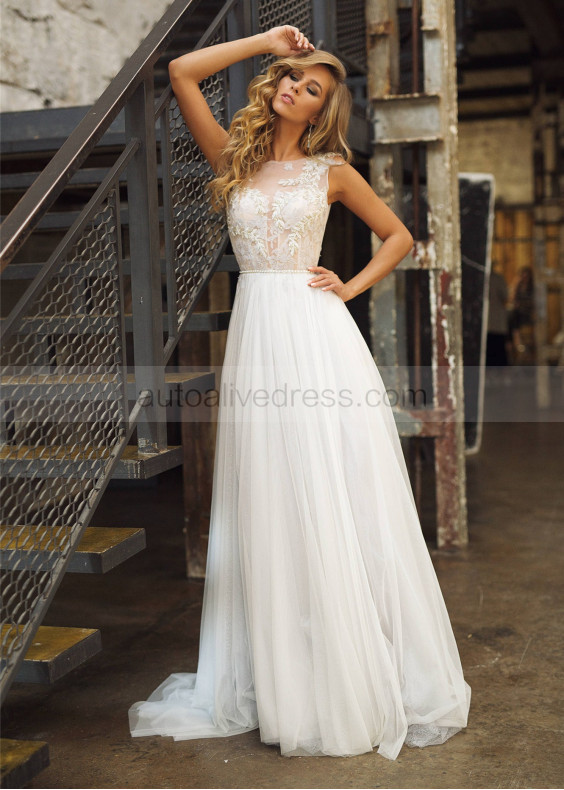 Beaded Light Grey Lace Tulle Deep V Back Wedding Dress Beaded Light Grey Lace Tulle Deep V Back Wedding Dress